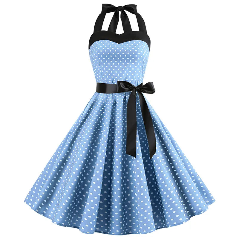 Sexy Retro White Polka Dot Dress Hepburn Vintage Halter Party Dress 50s 60s Pin Up Rockabilly Dress