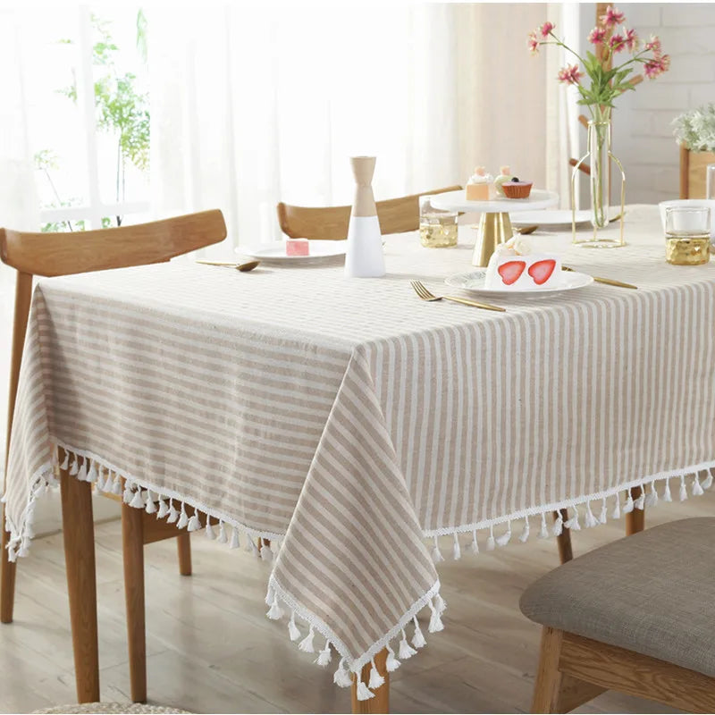 STRIPED COTTON LINEN TABLECLOTH - Tassel Trim, 5 Colors & 11 Sizes - Laid Tables