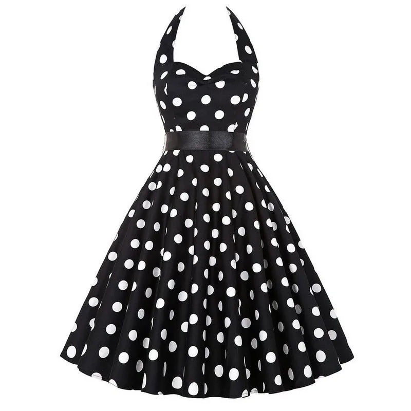 Sexy Retro White Polka Dot Dress Hepburn Vintage Halter Party Dress 50s 60s Pin Up Rockabilly Dress
