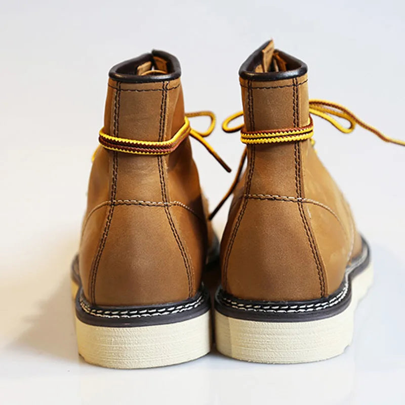 Men's Handmade Genuine Leather Ankle Boots - Lace-Up Retro Winter High Top Brown Coffee