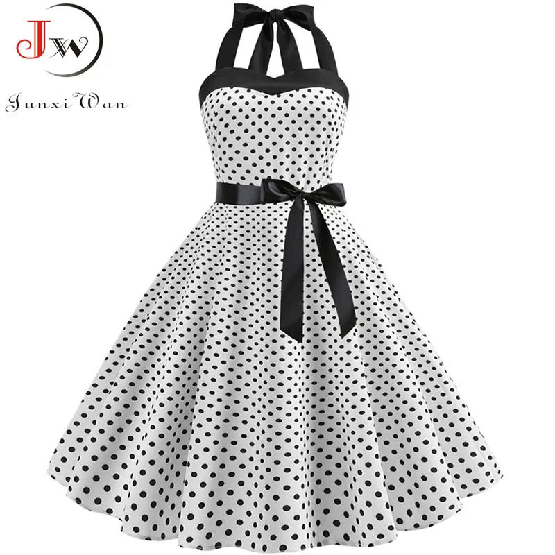 Sexy Retro White Polka Dot Dress Hepburn Vintage Halter Party Dress 50s 60s Pin Up Rockabilly Dress