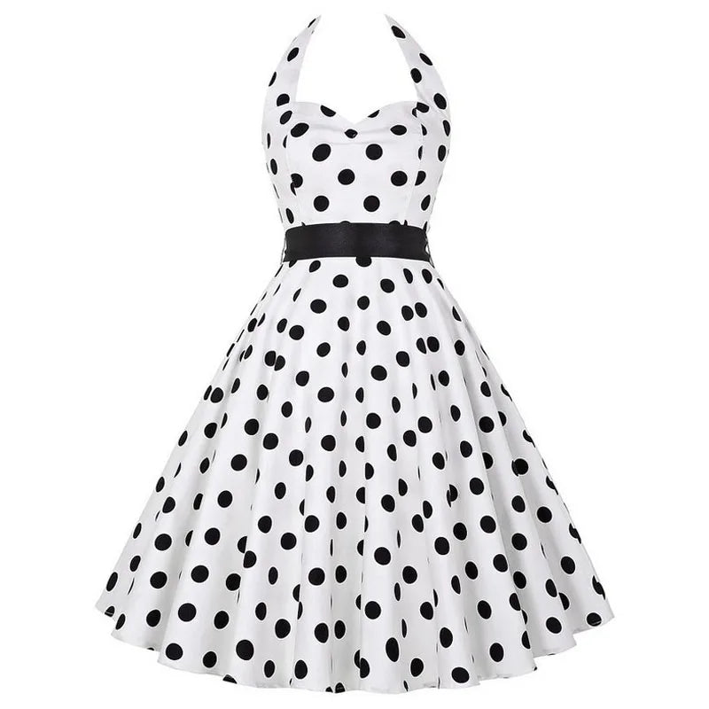 Sexy Retro White Polka Dot Dress Hepburn Vintage Halter Party Dress 50s 60s Pin Up Rockabilly Dress