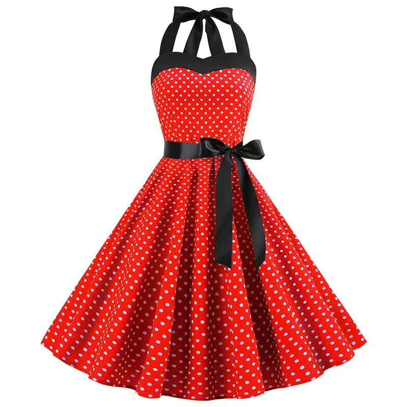 Sexy Retro White Polka Dot Dress Hepburn Vintage Halter Party Dress 50s 60s Pin Up Rockabilly Dress