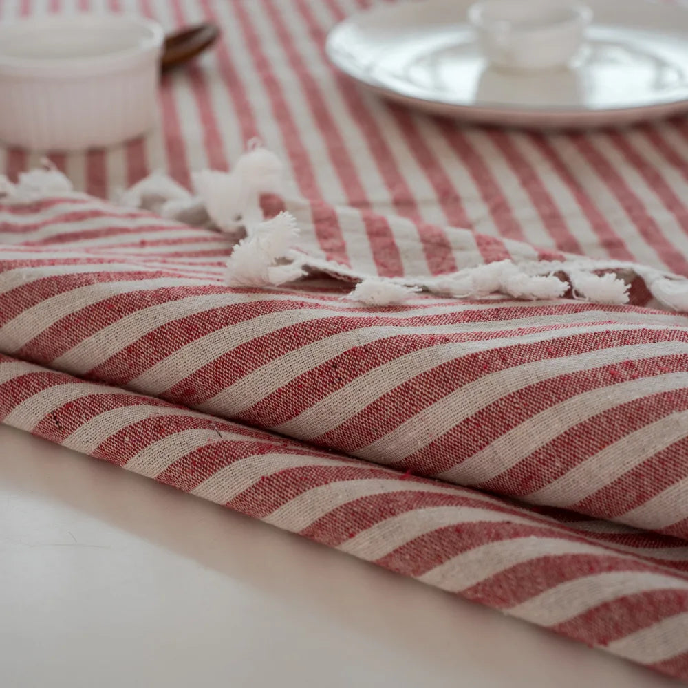STRIPED COTTON LINEN TABLECLOTH - Tassel Trim, 5 Colors & 11 Sizes - Laid Tables