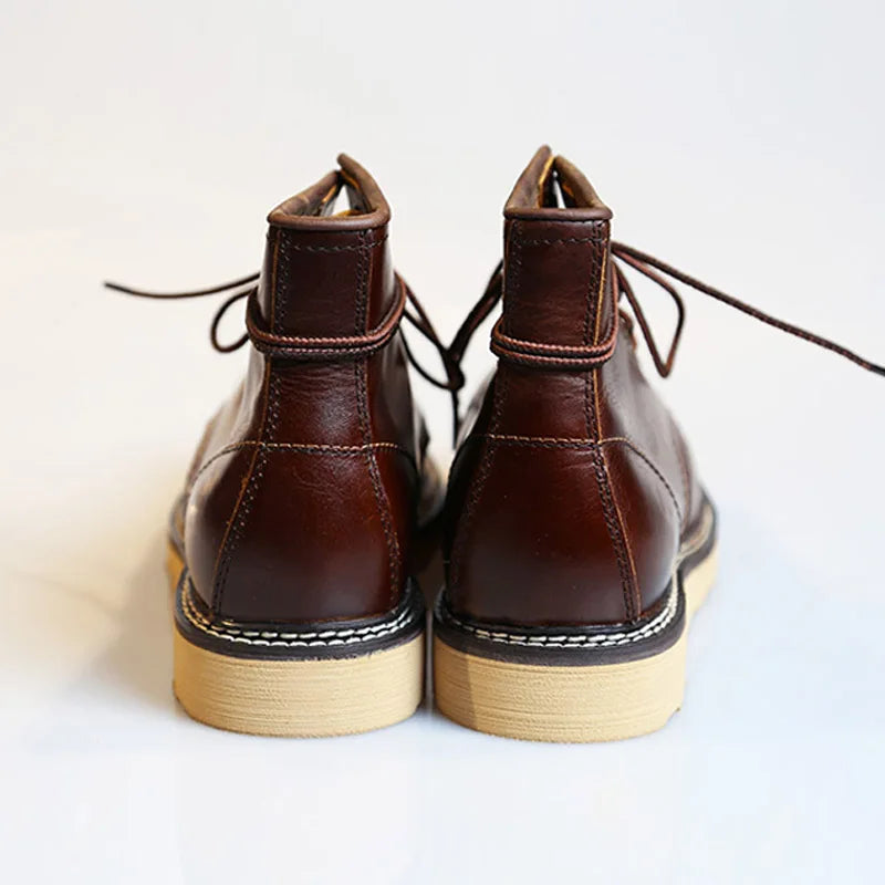 Men's Handmade Genuine Leather Ankle Boots - Lace-Up Retro Winter High Top Brown Coffee