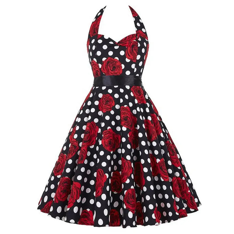 Sexy Retro White Polka Dot Dress Hepburn Vintage Halter Party Dress 50s 60s Pin Up Rockabilly Dress