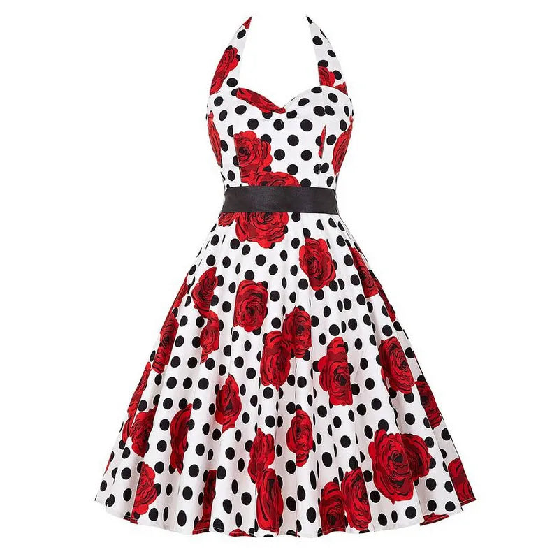 Sexy Retro White Polka Dot Dress Hepburn Vintage Halter Party Dress 50s 60s Pin Up Rockabilly Dress