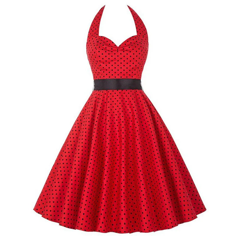 Sexy Retro White Polka Dot Dress Hepburn Vintage Halter Party Dress 50s 60s Pin Up Rockabilly Dress