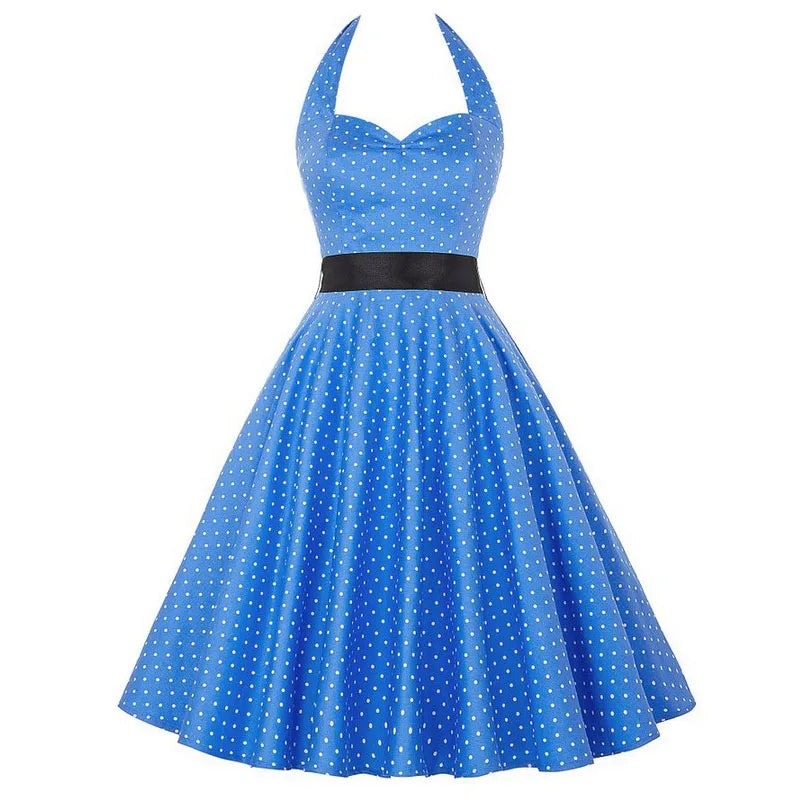 Sexy Retro White Polka Dot Dress Hepburn Vintage Halter Party Dress 50s 60s Pin Up Rockabilly Dress