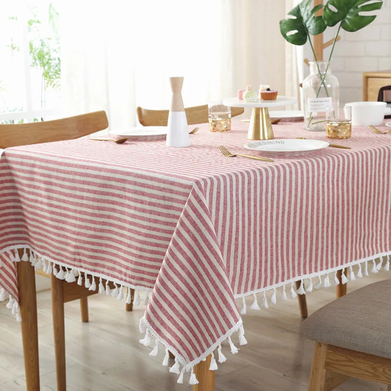 STRIPED COTTON LINEN TABLECLOTH - Tassel Trim, 5 Colors & 11 Sizes - Laid Tables