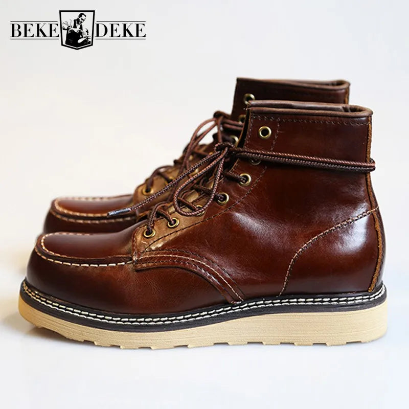 Men's Handmade Genuine Leather Ankle Boots - Lace-Up Retro Winter High Top Brown Coffee