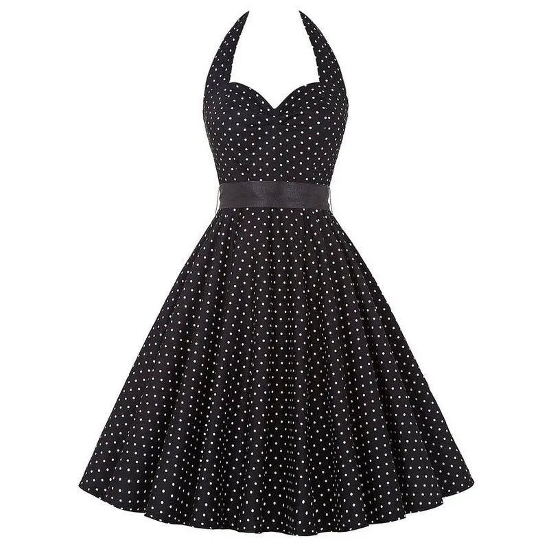 Sexy Retro White Polka Dot Dress Hepburn Vintage Halter Party Dress 50s 60s Pin Up Rockabilly Dress