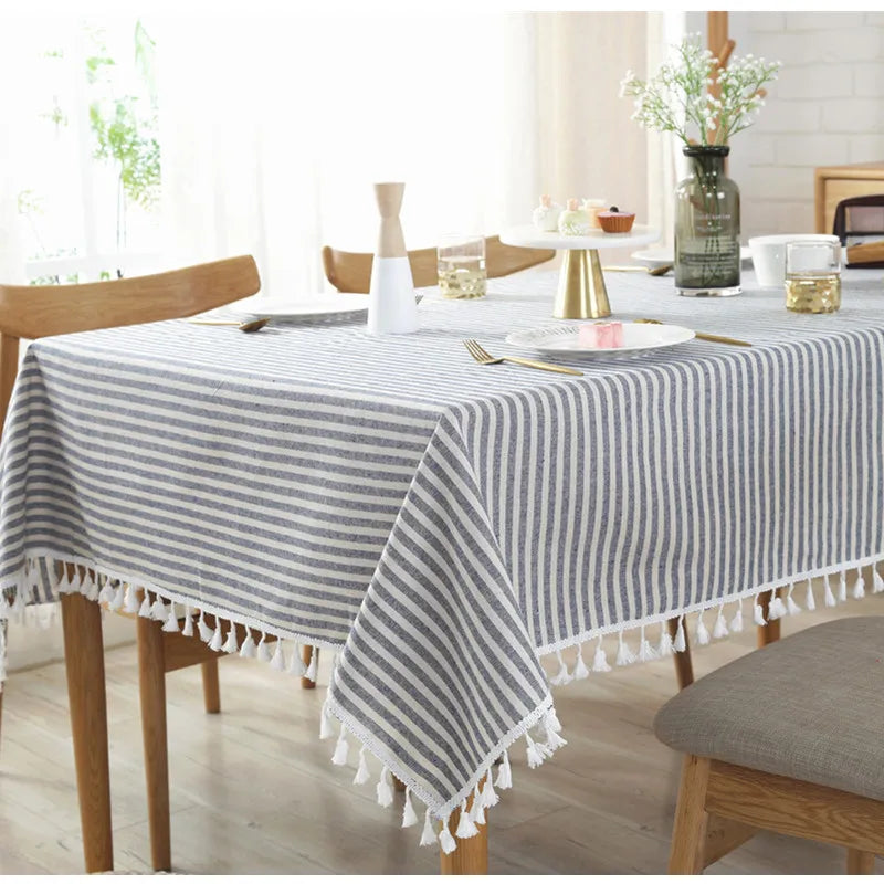 STRIPED COTTON LINEN TABLECLOTH - Tassel Trim, 5 Colors & 11 Sizes - Laid Tables
