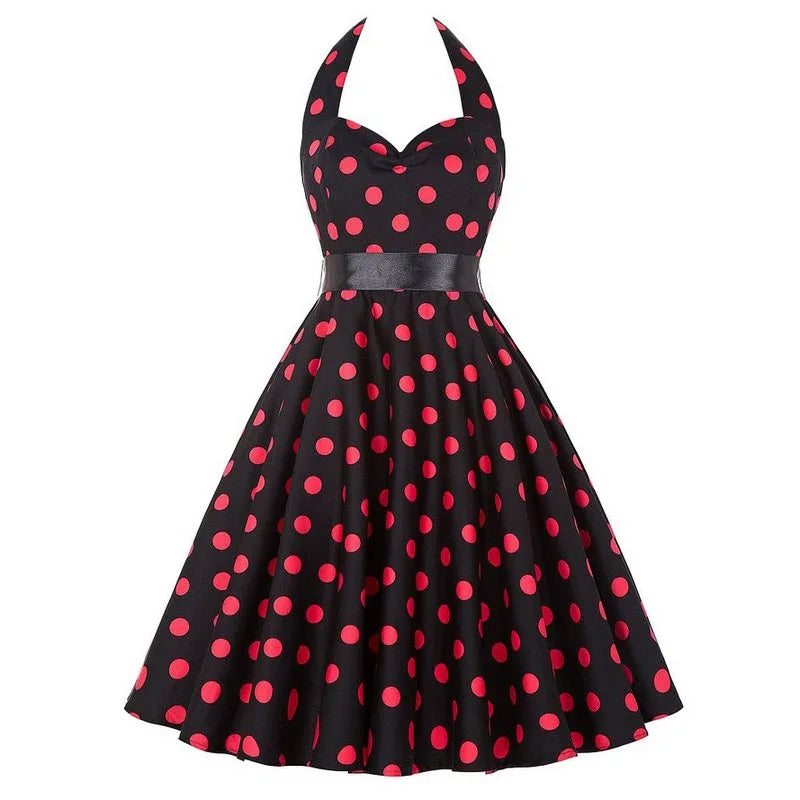 Sexy Retro White Polka Dot Dress Hepburn Vintage Halter Party Dress 50s 60s Pin Up Rockabilly Dress