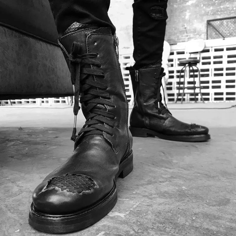 Gothic Motorcycle Boots - Handmade Snakeskin Horsehide Genuine Leather Vintage Designer
