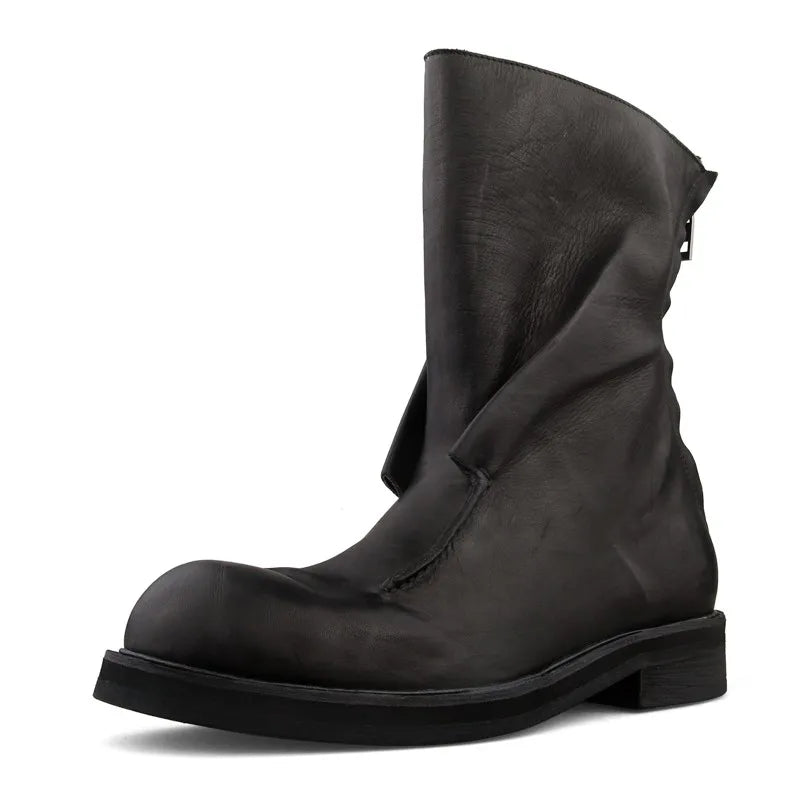 Men's Luxury Genuine Horse Leather Boots - Vintage Gothic Mid-Calf Zip Motorcycle Biker