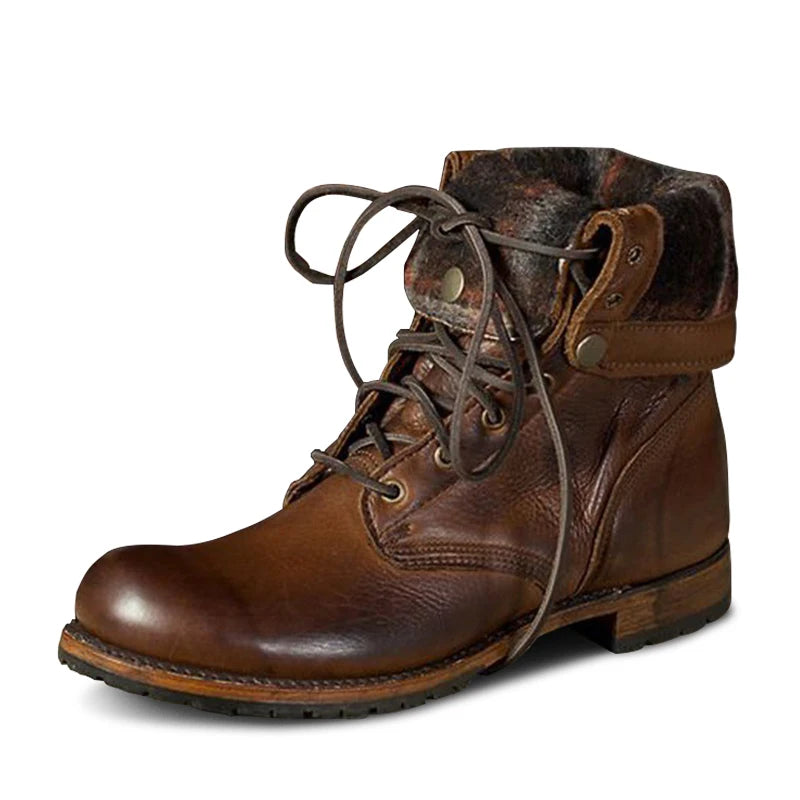 British Retro Knight Ankle Boots - Lace-Up Flannel Lined Medium Heel Plus Size