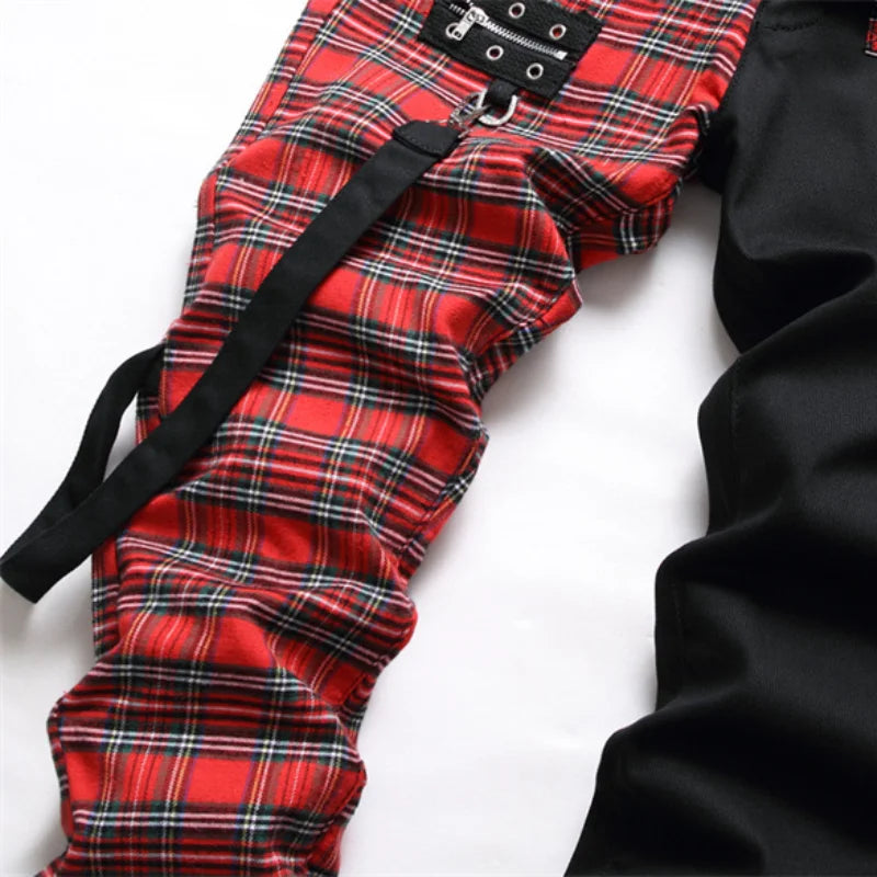 New Fashion Red Plaid Patchwork Punk Zipper Men's Pencil Jeans Trousers Y2K Buckle Hip Hop Gothic Slim Denim Pants Pantaloni Uomo