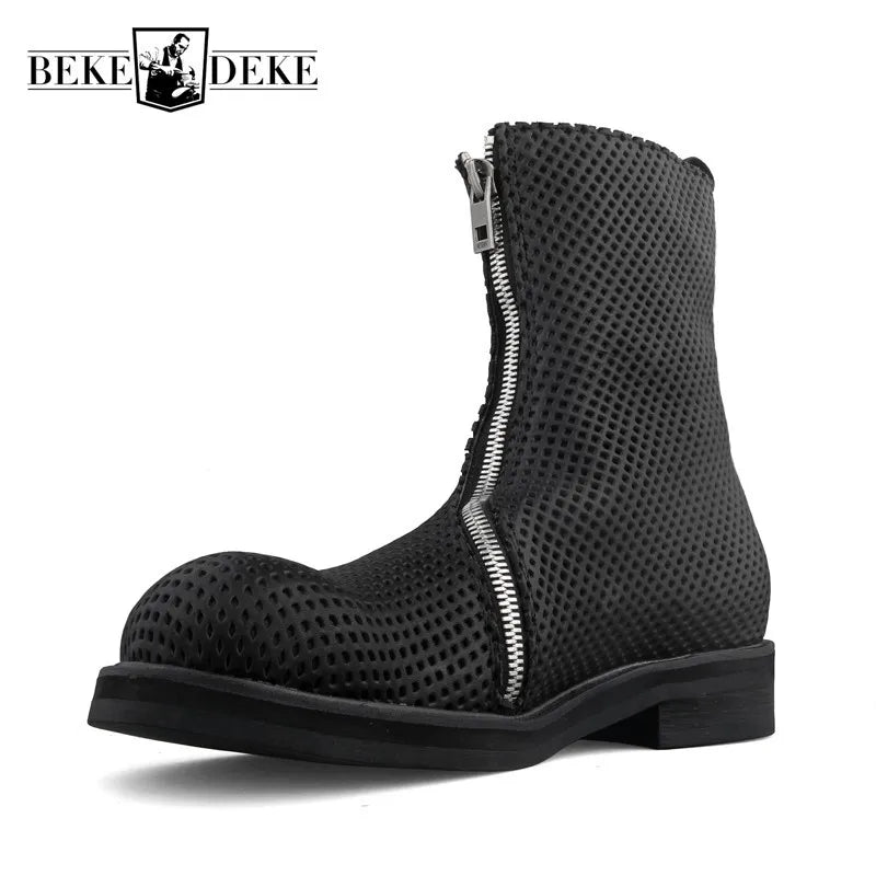 HOLLOW CRAFT - Men's Genuine Leather Mid-Calf Boots - Harajuku Zip, Breathable, EU 35–46