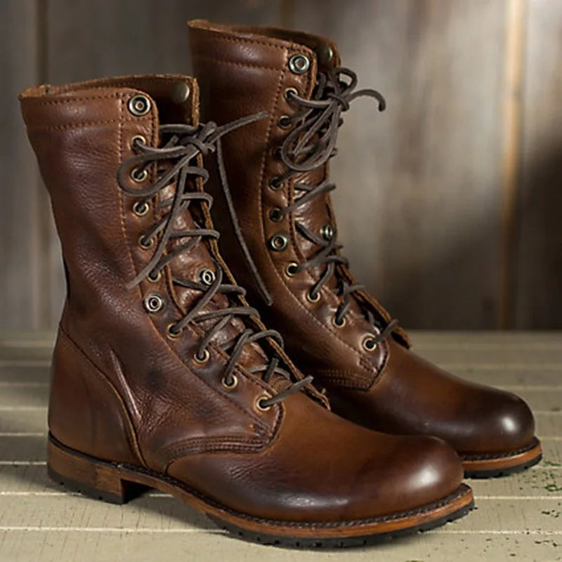 British Retro Knight Ankle Boots - Lace-Up Flannel Lined Medium Heel Plus Size