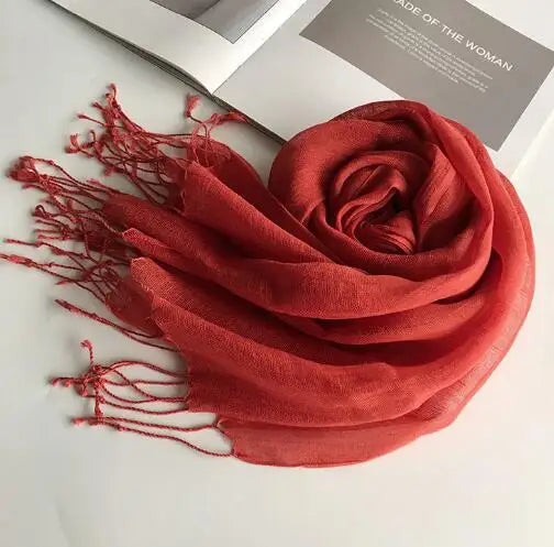55*180cm Fashion Soft Solid Women's 100% Linen Flax Tassel Scarf Summer Travel Sunscreen Long Shawl Elegant Hijab Women's Foulard