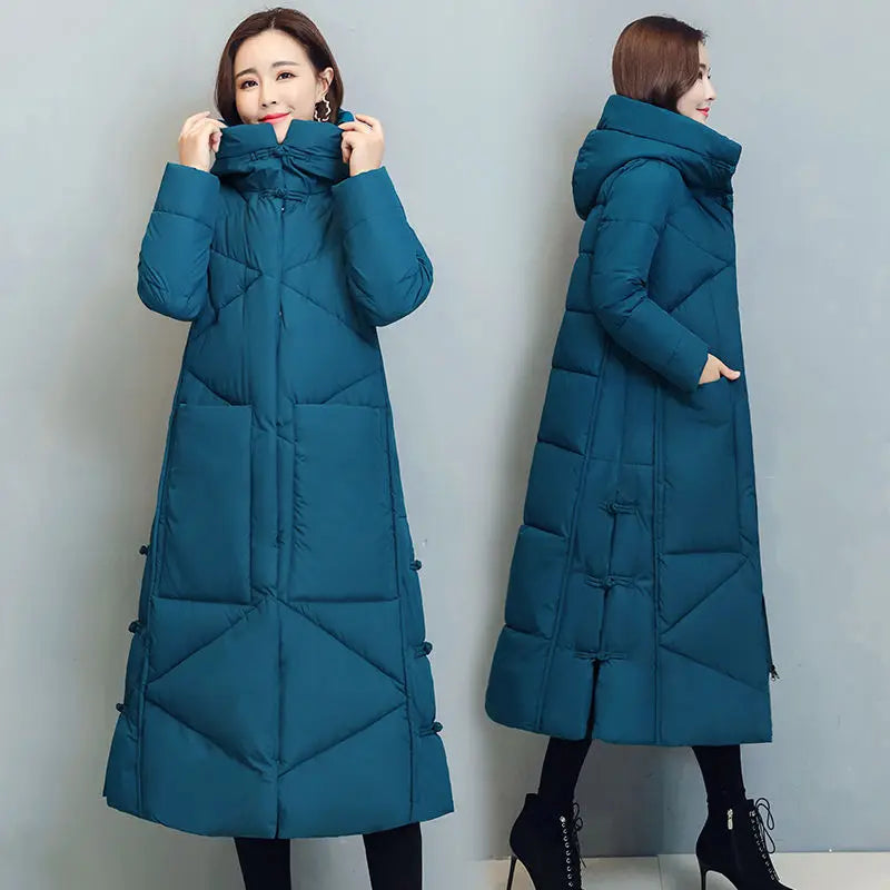 Long Hooded Snow Parka – Thick Padded Windproof Coat