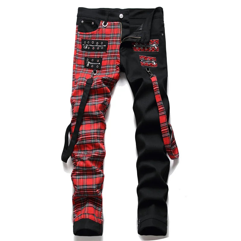 New Fashion Red Plaid Patchwork Punk Zipper Men's Pencil Jeans Trousers Y2K Buckle Hip Hop Gothic Slim Denim Pants Pantaloni Uomo