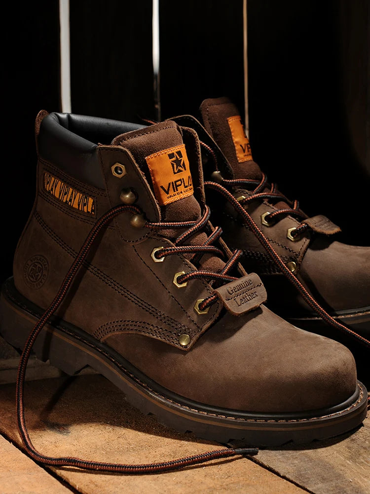 CLASSIC OUTDOOR LEATHER BOOTS - Men's Handmade Cow Leather Ankle Boots Western Motorcycle Style - Yellow & Brown