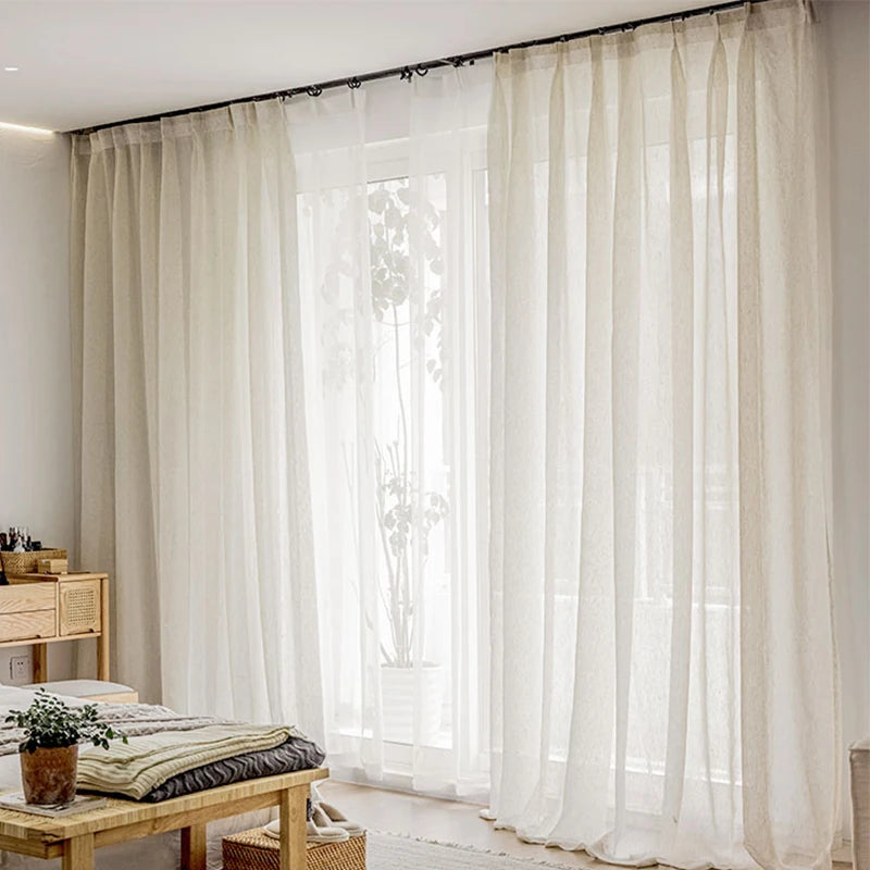 Linen Look Sheer Curtains For Living Room Bedroom Beige Tulle Curtains For Kitchen Window Blinds French Style Voile Solid Drapes