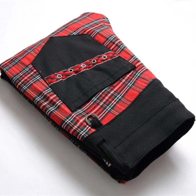 New Fashion Red Plaid Patchwork Punk Zipper Men's Pencil Jeans Trousers Y2K Buckle Hip Hop Gothic Slim Denim Pants Pantaloni Uomo