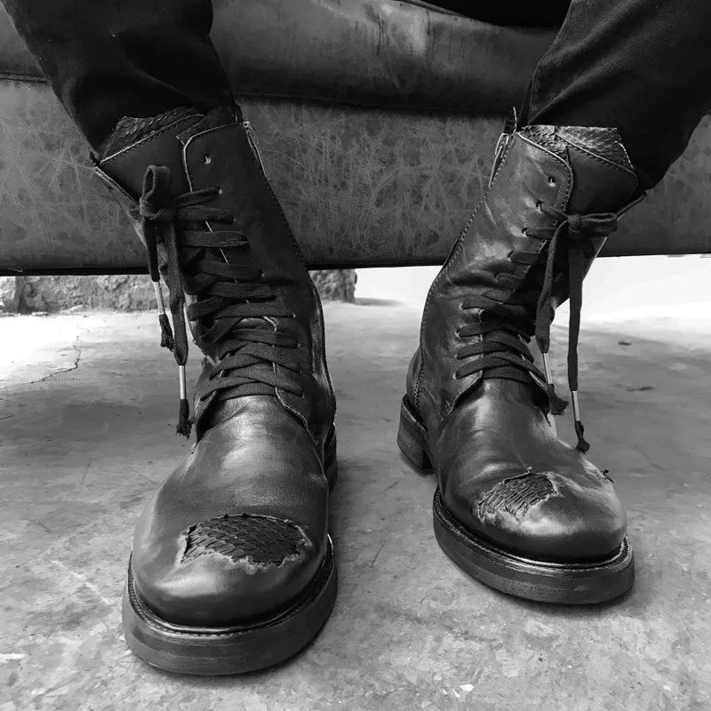 Gothic Motorcycle Boots - Handmade Snakeskin Horsehide Genuine Leather Vintage Designer