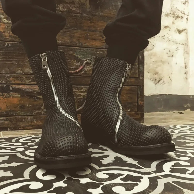 HOLLOW CRAFT - Men's Genuine Leather Mid-Calf Boots - Harajuku Zip, Breathable, EU 35–46