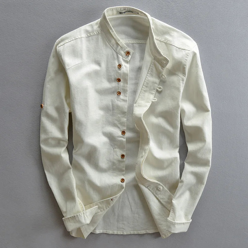 MANDARIN COLLAR LINEN SHIRT - Stand Collar, 4 Colors up to 7XL - Quiet Mornings
