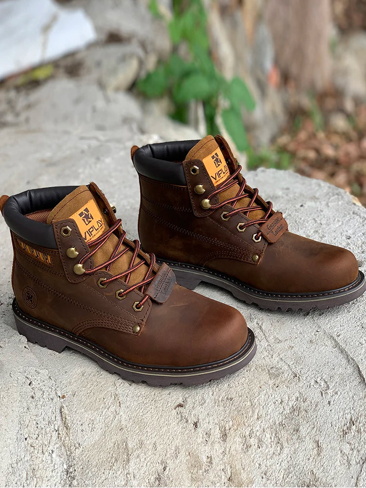 CLASSIC OUTDOOR LEATHER BOOTS - Men's Handmade Cow Leather Ankle Boots Western Motorcycle Style - Yellow & Brown