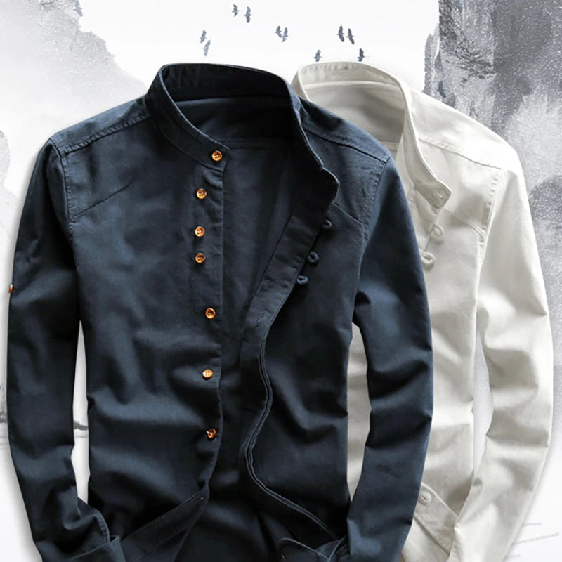 MANDARIN COLLAR LINEN SHIRT - Stand Collar, 4 Colors up to 7XL - Quiet Mornings