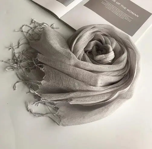 55*180cm Fashion Soft Solid Women's 100% Linen Flax Tassel Scarf Summer Travel Sunscreen Long Shawl Elegant Hijab Women's Foulard