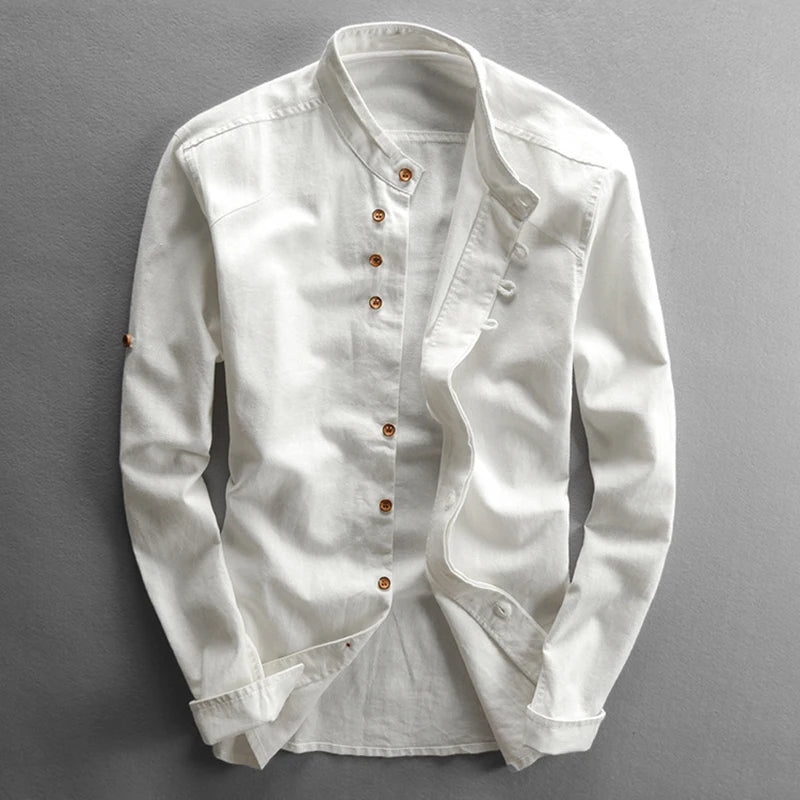 MANDARIN COLLAR LINEN SHIRT - Stand Collar, 4 Colors up to 7XL - Quiet Mornings