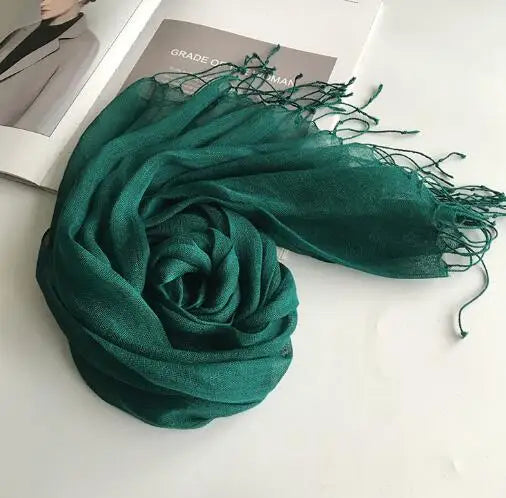 55*180cm Fashion Soft Solid Women's 100% Linen Flax Tassel Scarf Summer Travel Sunscreen Long Shawl Elegant Hijab Women's Foulard