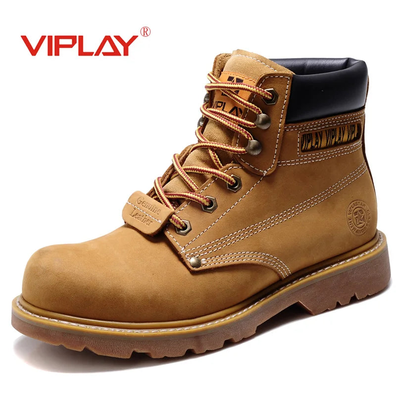 CLASSIC OUTDOOR LEATHER BOOTS - Men's Handmade Cow Leather Ankle Boots Western Motorcycle Style - Yellow & Brown