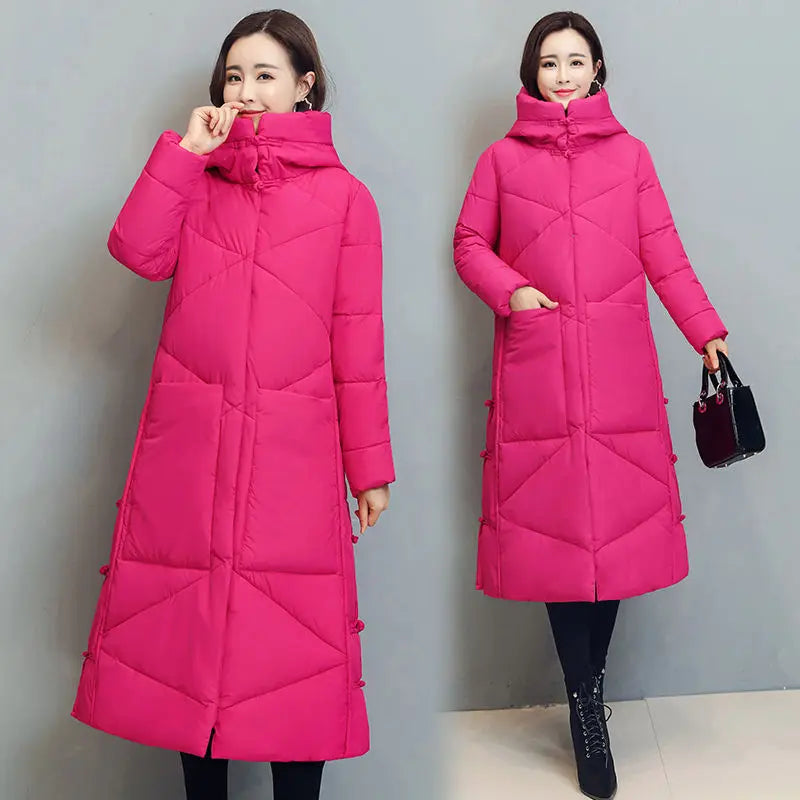 Long Hooded Snow Parka – Thick Padded Windproof Coat