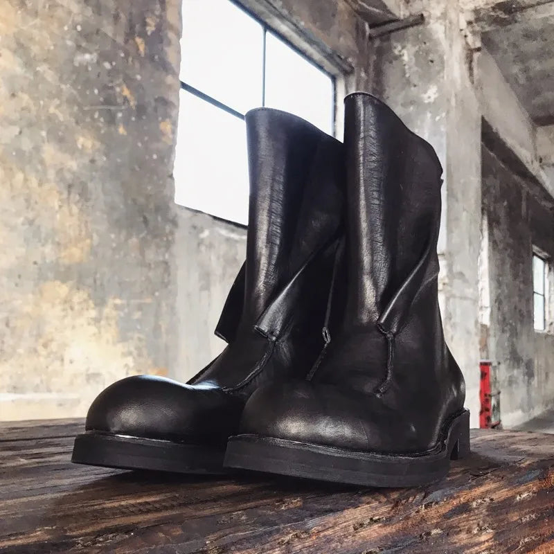 Men's Luxury Genuine Horse Leather Boots - Vintage Gothic Mid-Calf Zip Motorcycle Biker
