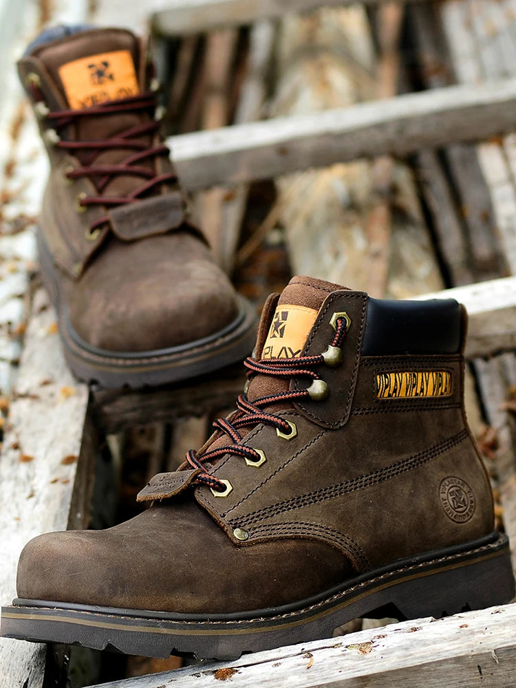 CLASSIC OUTDOOR LEATHER BOOTS - Men's Handmade Cow Leather Ankle Boots Western Motorcycle Style - Yellow & Brown