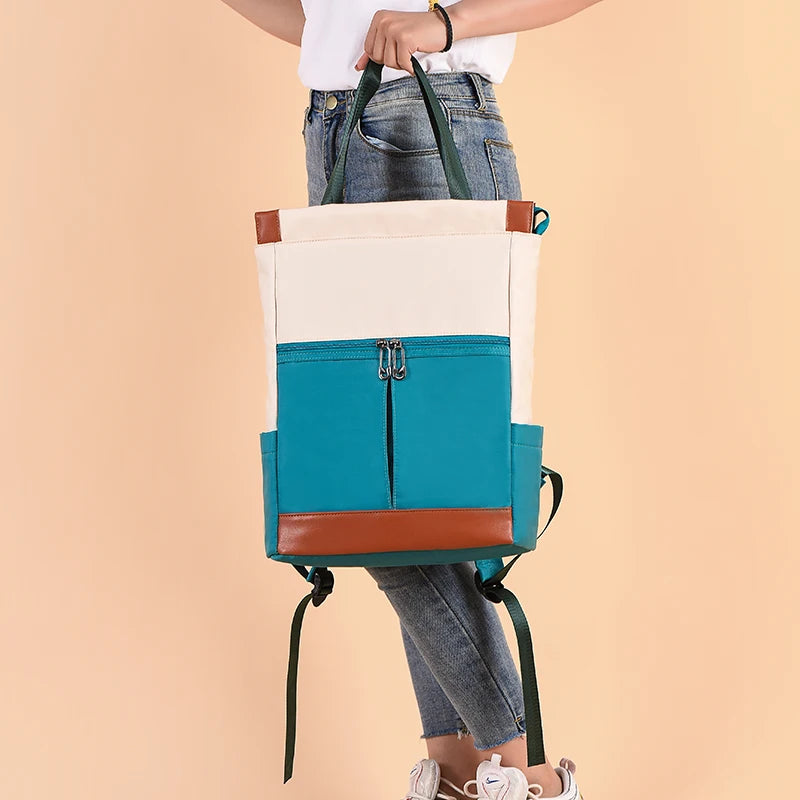 Color Block Oxford Tote Backpack