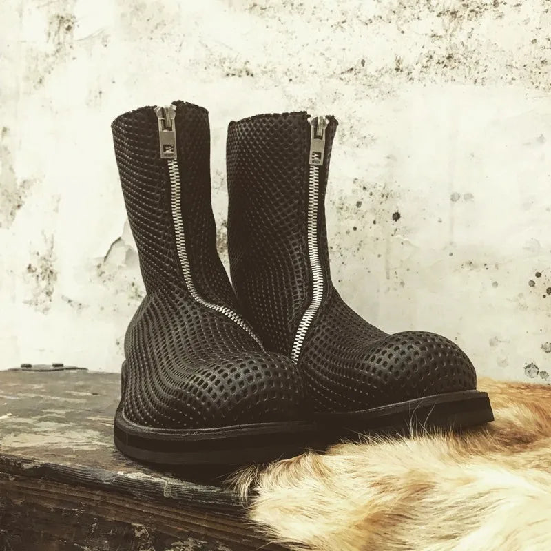 HOLLOW CRAFT - Men's Genuine Leather Mid-Calf Boots - Harajuku Zip, Breathable, EU 35–46