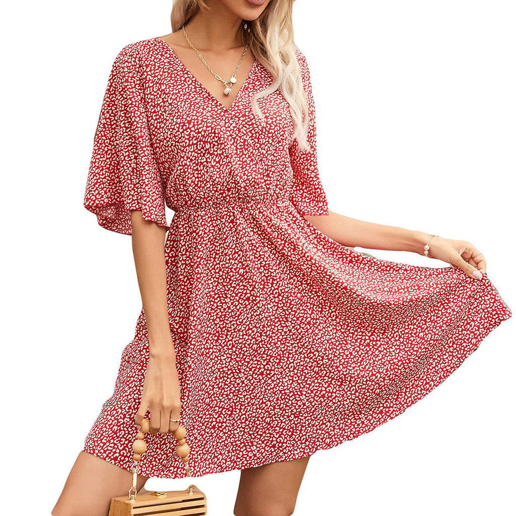 2024 Europe and the United States Spring and Summer New Women's Printed V-Neck Short-Sleeved Casual Loose Dress for Women