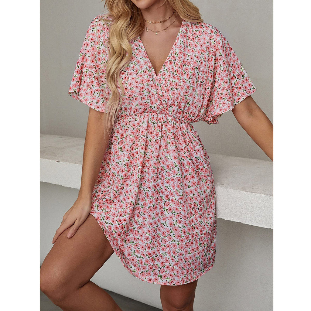 2024 Europe and the United States Spring and Summer New Women's Printed V-Neck Short-Sleeved Casual Loose Dress for Women