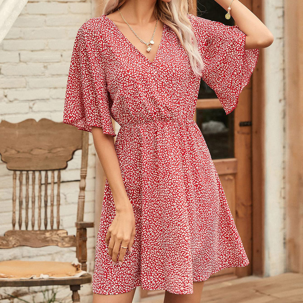 2024 Europe and the United States Spring and Summer New Women's Printed V-Neck Short-Sleeved Casual Loose Dress for Women