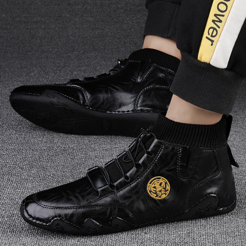 Men's Genuine Leather Ankle Boots - Elastic Band Round Toe Business Casual Handmade