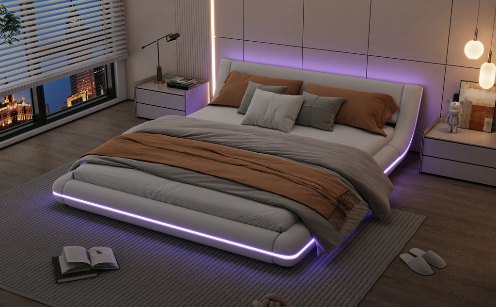 LED Floor Bed 160x200cm – RGB Remote, PU, White