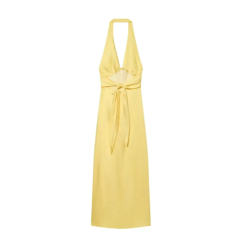 Women's Satin Long Dress New 2026 Summer Fashion Women Polka Dots Sleeveless Halter-Neck Back Bow Dress Female Midi Dresses